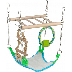 Wisząca drabinka z legowiskiem i bawełnianym kołem dla gryzoni Wisząca drabinka z legowiskiem i bawełnianym kołem dla gryzoni