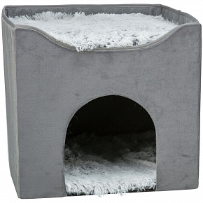 Budka HARVEY aksamitna z dachem do spania, 38 x 38 x 38 cm, szara/biało-czarna