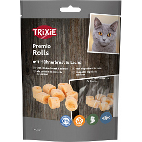 PREMIO Rolls, rolki z kurczakiem i łososiem, zawartość mięsa 72%, 50 g PREMIO Rolls, rolki z kurczakiem i łososiem, zawartość mięsa 72%, 50 g