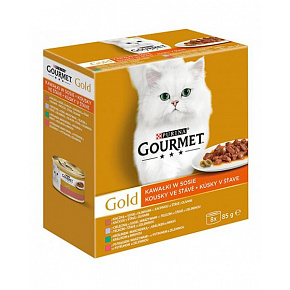 Nestlé GOURMET GOLD Multipack kaczka z oliwkami/cielęcina z warzywami/pstrąg z warzywami/królik z marchewką w sosie konserwowym.8x85 g Nestlé GOURMET GOLD Multipack kaczka z oliwkami/cielęcina z warzywami/pstrąg z warzywami/królik z marchewką w sosie konserwowym.8x85 g