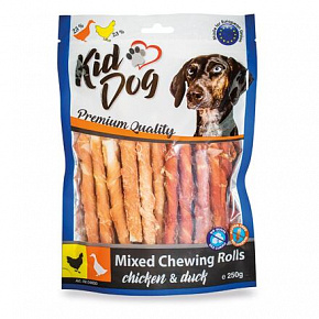 KIDDOG mix pałeczek z bawolej skóry z kurczakiem i kaczką - 8 mm/12 cm 250 g