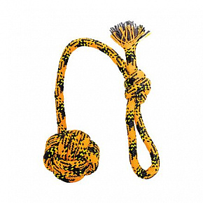 Rzucana bawełniana lina z piłką HipHop Dog ROPE o 7cm / 48 cm, neonowy pomarańczowy, czarny, żółty