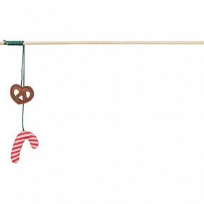 Xmas świąteczna wędka dla kotów 48 cm, z preclem/lizakiem, szeleszcząca, drewno/poliester