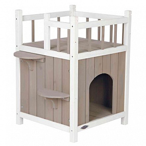 NATURA domek dla kota z balkonem 45 x 65 x 45 cm, szaro-beżowy/biały