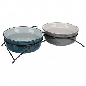 Zestaw ceramicznych misek w metalowym stojaku, naftowy/szary