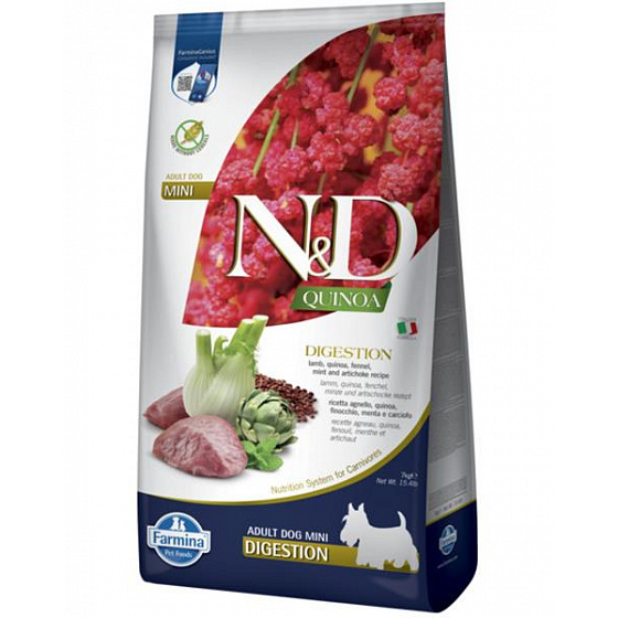 Farmina N&D dog QUINOA (GF) adult mini, digestion, jagnięcina i koper włoski 7 kg