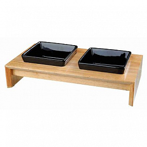 Drewniany bar, 2x ceramiczna kwadratowa miska, czarna