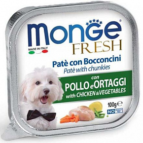 MONGE FRESH - pasztet i kawałki z kurczakiem i warzywami 100g dla psów
