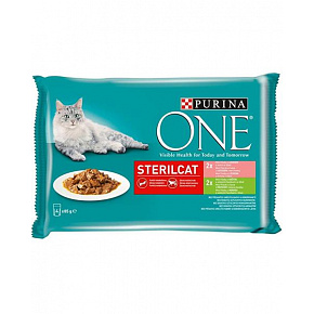 Nestle PURINA ONE cat Multipack Sterilcat mini fileciki z indykiem i zieloną fasolką / z łososiem i marchewką w sosie 4x85g